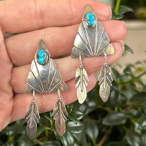Vintage Native American Turquoise Silver Feather Drop Earrings